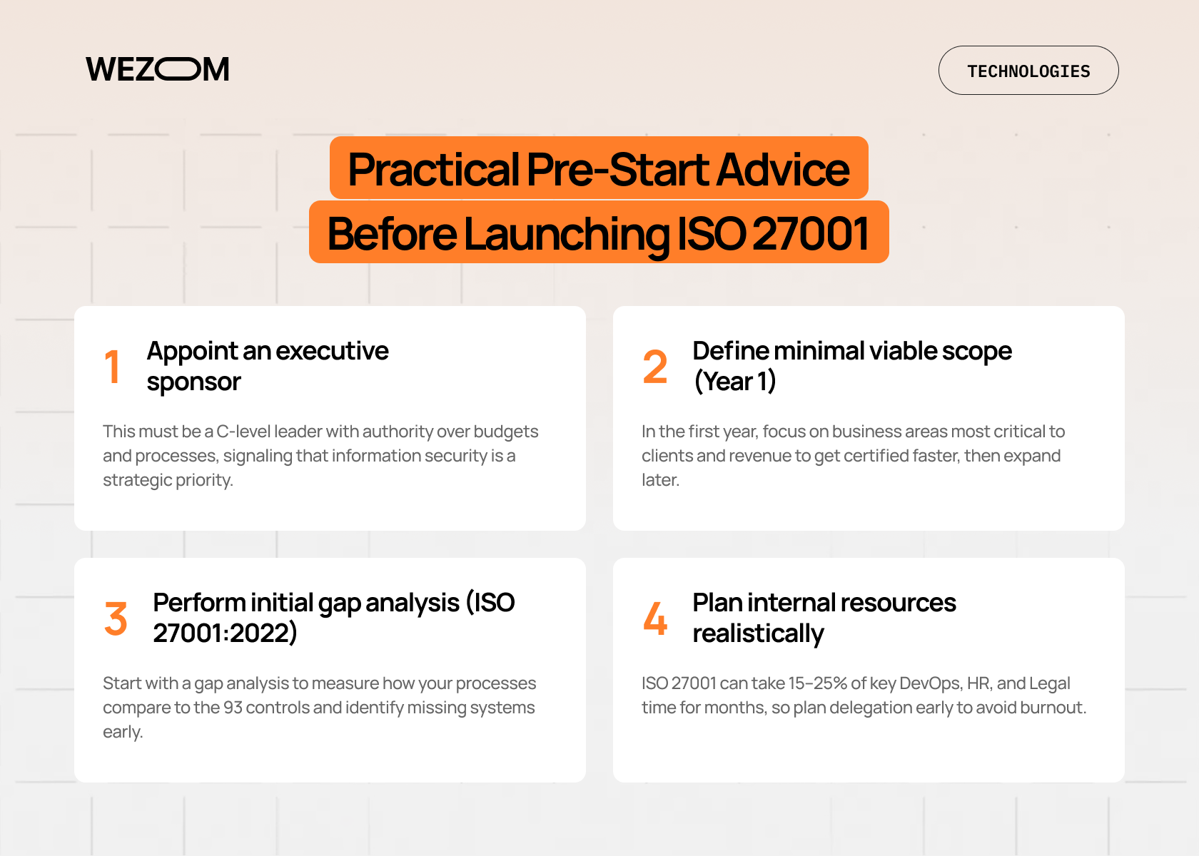 Practical pre-start advice for ISO 27001 certification process, including executive sponsor, scope definition, gap analysis, and resource planning